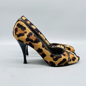 Stuart Weitzman Shoes Womens 5.5 Brown Calf Hair Leather Pumps Leopard Peep Toe